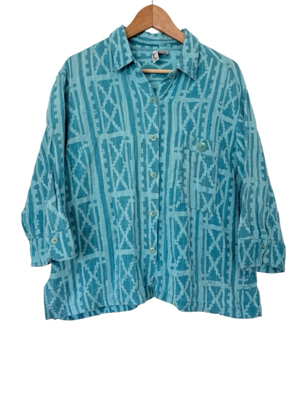 Woven Cotton Turquoise Button Up Tribal Pattern Fair Trade Top Beach Size Large
